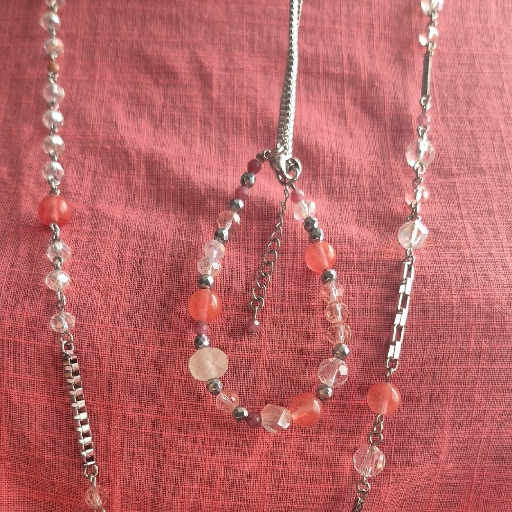 Tocara Coral & Silver 3 Piece Set  (Necklace, Bracelet & Earrings) (J68)